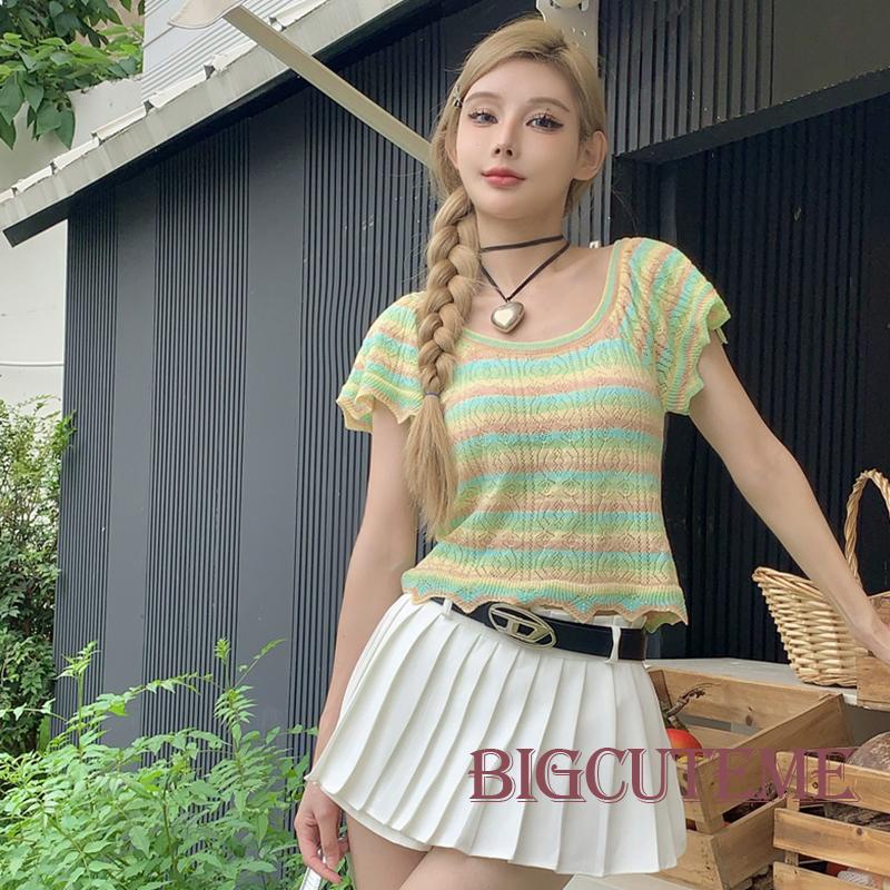 Áo Thun Lửng Ngắn Tay Họa Tiết Sọc Ngang Thời Trang Dành Cho Nữ