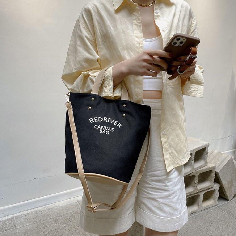 LOMBARD Túi Xách Vải Canvas Cỡ Lớn Phối Dây Da Phong Cách Retro Cho Nữ