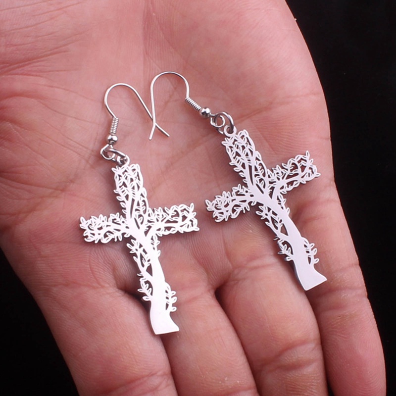 Ygt Bông Tai Thép Không Gỉ Hình Cây Thánh Giá Màu Bạc Thời Trang