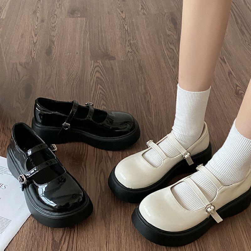 💞Màu Đen 💞Giày Mary Jane Da Mũi Tròn Đế Dày Phong Cách Thời Trang Mùa Hè 2023 HZFWS4166
