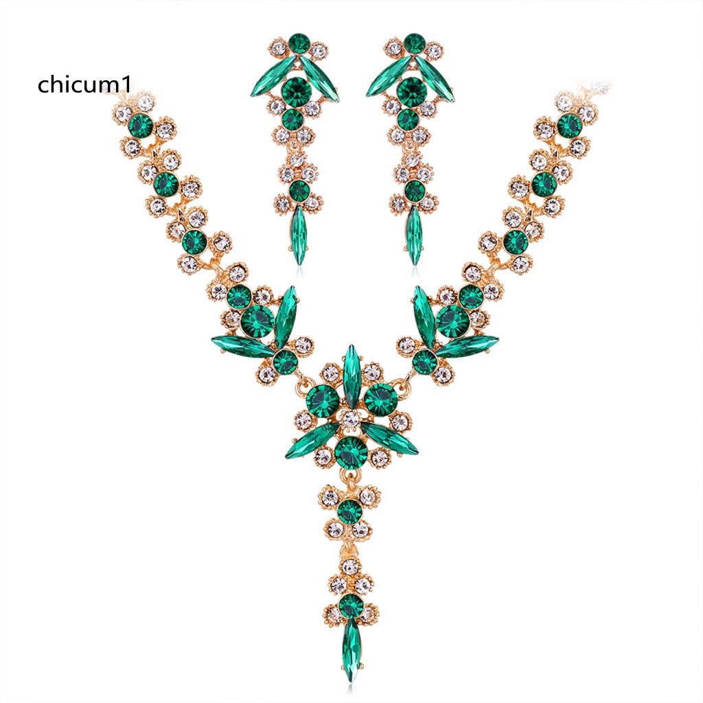 Set 1 Bộ Vòng cổ + Bông Tai Mạ Điện Đính Đá Hình Hoa Có Thể Điều Chỉnh Kích Thước Dành Cho Cô Dâu CC 1