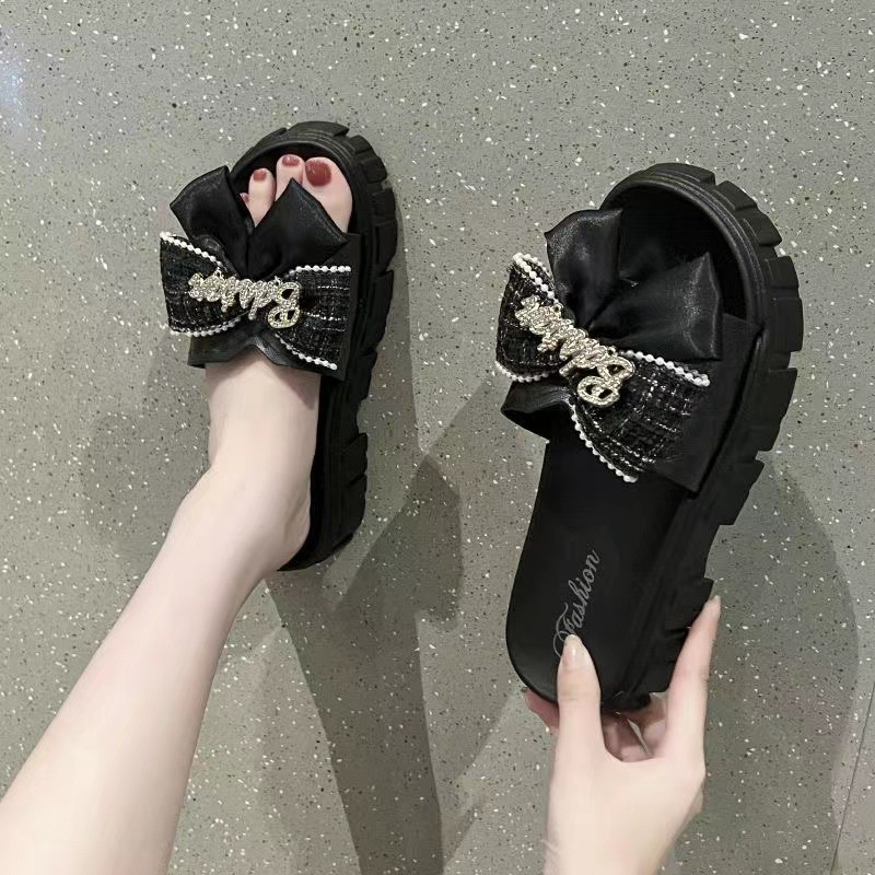 Dép Quai Ngang Đế Dày Đính Nơ Thời Trang Mùa Hè Hàn Quốc Cho Nữ