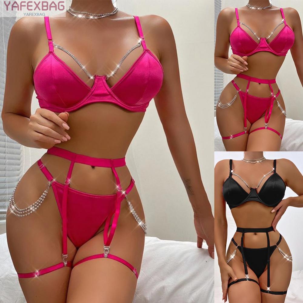 Sensational Shiny Chain Lingerie Set Bra Panties Garter Trio Seductive Nightwear