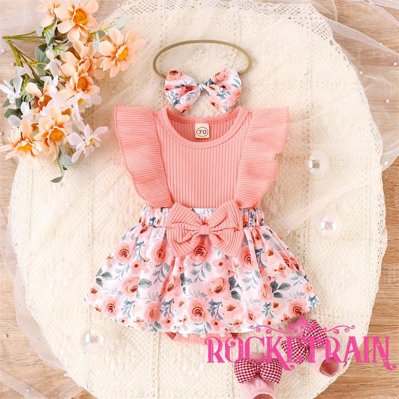 Bộ Áo Liền Quần Cổ Thuyền Tay Cánh Tiên In Hoa + Băng Đô Xinh Xắn Cho Bé Gái