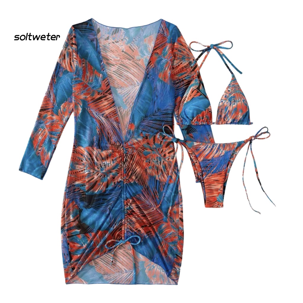 Bộ Đồ Bơi Bikini 3 Mảnh Tay Dài Bằng Polyester In Họa Tiết Thời Trang Kèm Dây Đeo Cho Nữ