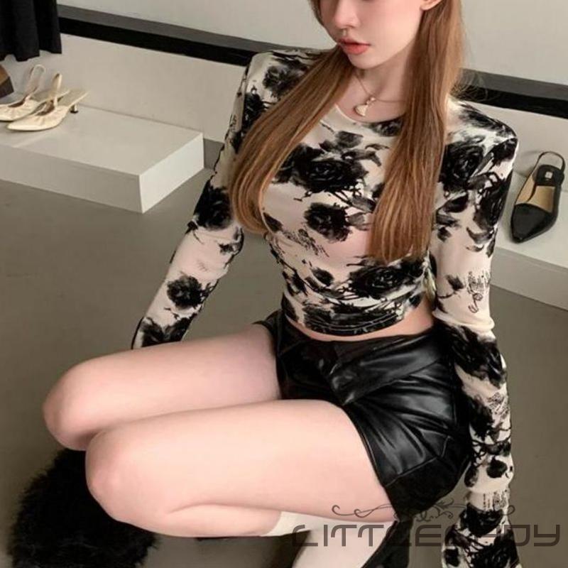 Áo Thun Lửng Tay Dài In Họa Tiết Thời Trang Dành Cho Nữ