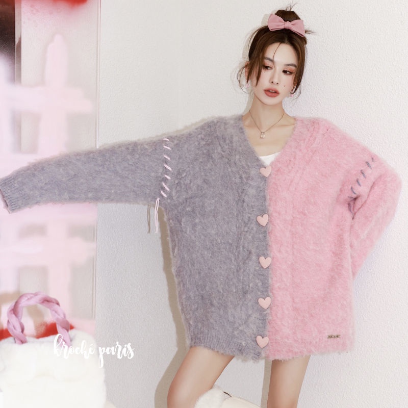 Áo Khoác Cardigan Dệt Kim Dáng Rộng Cài Khuy Hình Trái Tim Màu Sắc Xinh Xắn Cho Nữ