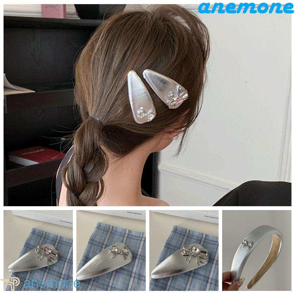 ANEMONE Kẹp Tóc Nơ Bằng Da Màu Bạc Phong Cách Hàn Quốc Y2K Thời Trang Dự Tiệc