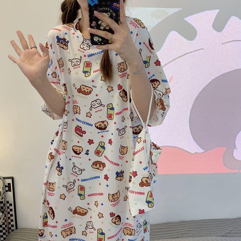 Đồ ngủ Dáng Dài Tay Ngắn In Họa Tiết Dễ Thương Thời Trang Cho Nữ