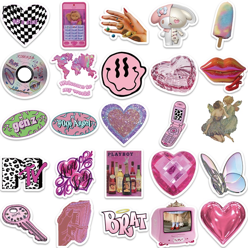 [Dhin] 58Pcs Y2k Pink Stickers Funny Cute Graffiti Girls Skateboard Waterproof Luggage Sport DIY Laptop Car Stickers Decals Kids Toy COD
