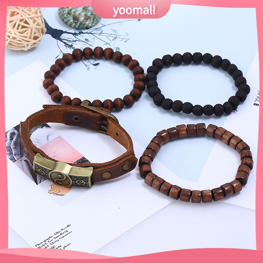 Bộ 4 Vòng Tay Da Xỏ Hạt Đơn Giản Nhiều Lớp Dễ Sử Dụng