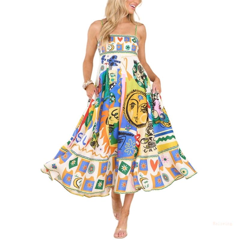 Đầm Hai Dây Dáng Dài In Hoa Phong Cách Bohemian Vintage Thời Trang Mùa Hè Cho Nữ