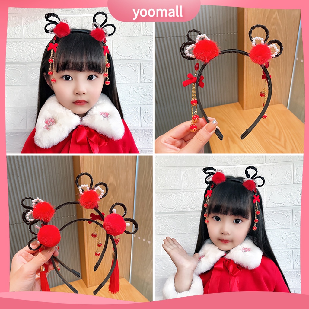 Băng Đô Nơ Đính Ngọc Trai Co Giãn Phối Bóng Lông Tua Rua Phong Cách Trung Hoa Mừng Năm Mới Cho Bé Gái