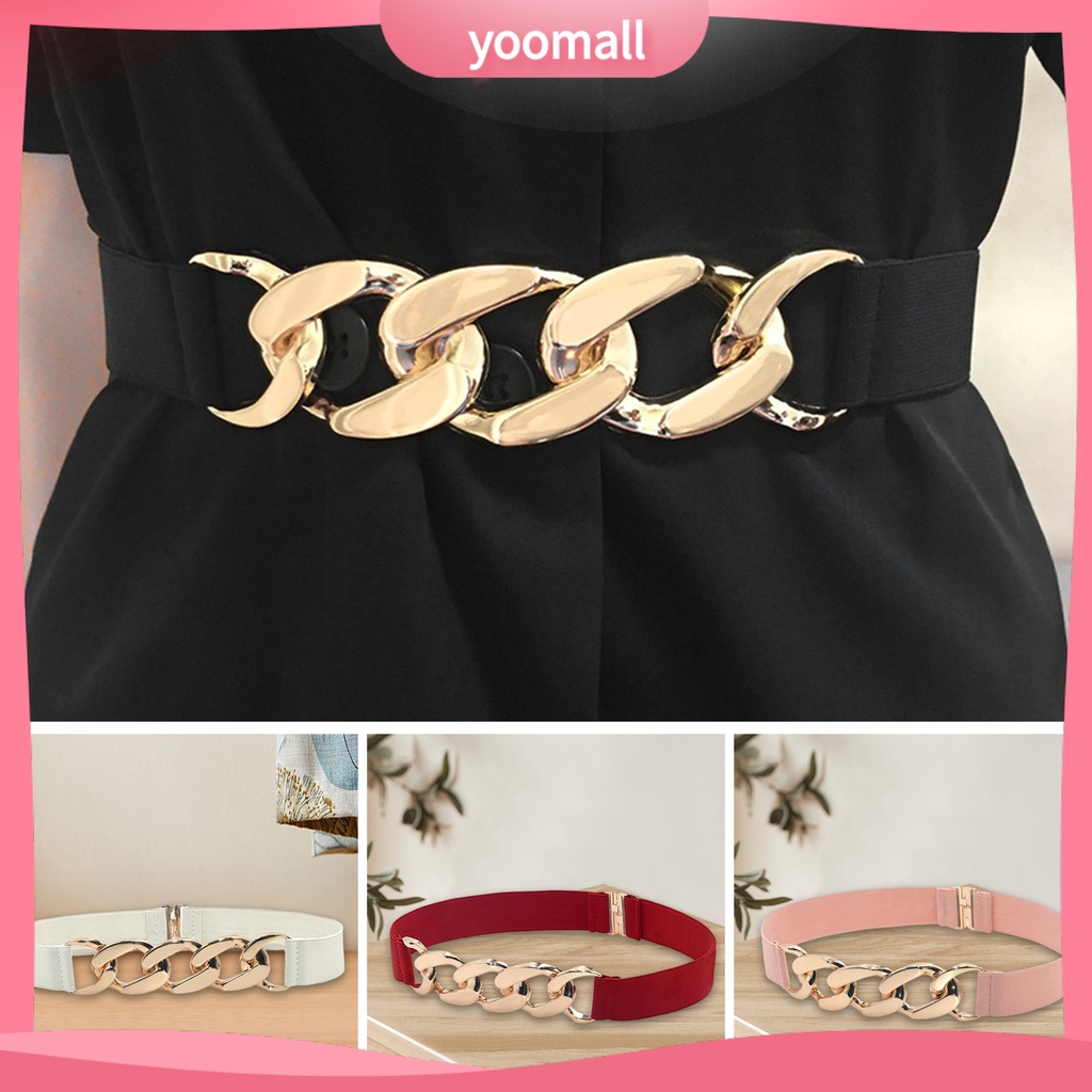 Thắt Lưng Bản Rộng Co Giãn Có Khóa Kim Loại Màu Vàng Bóng Thanh Lịch Cho Nữ