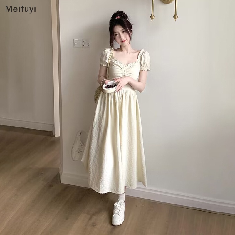 [Meifuyi] Puff Sleeve Dresses Women Midi Sweet Bodycon Summer French Style Ruffles Casual Dress COD