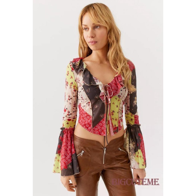 [] - Áo Crop Top Dáng Ôm Tay Loe Dài Khoét Sâu Gợi Cảm Mùa Hè Cho Nữ