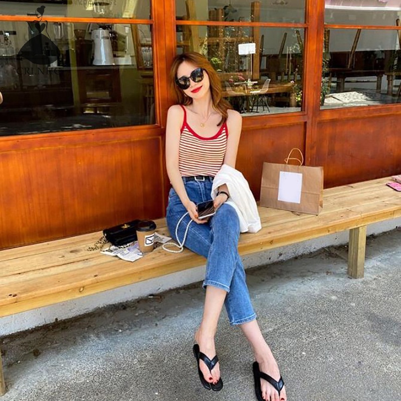 Áo Hai Dây Dệt Kim Dáng Ôm In Kẻ Sọc Kiểu Vintage Thời Trang Mùa Hè Cho Bạn Gái