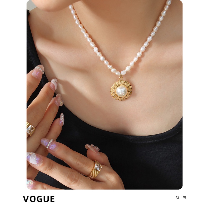 Vòng cổ Thép Titan Mạ Vàng Đính Ngọc Trai Giả Phong Cách Pháp Thanh Lịch Thời Trang