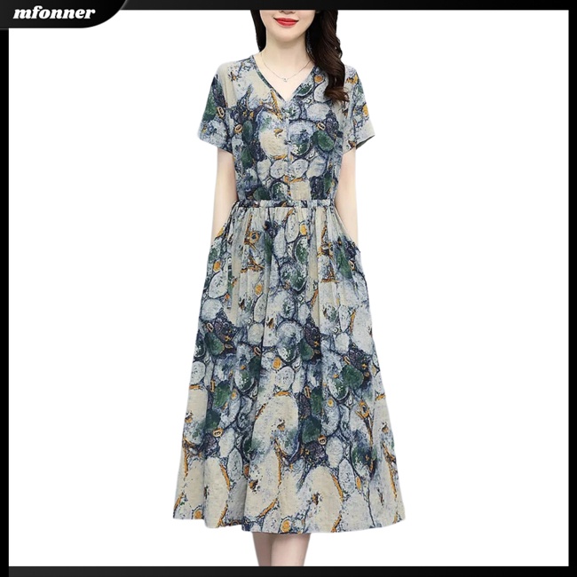 Đầm Midi Ngắn Tay Dáng Chữ A Lưng Cao In Hoa Phối Túi Thời Trang Mùa Hè Cho Nữ