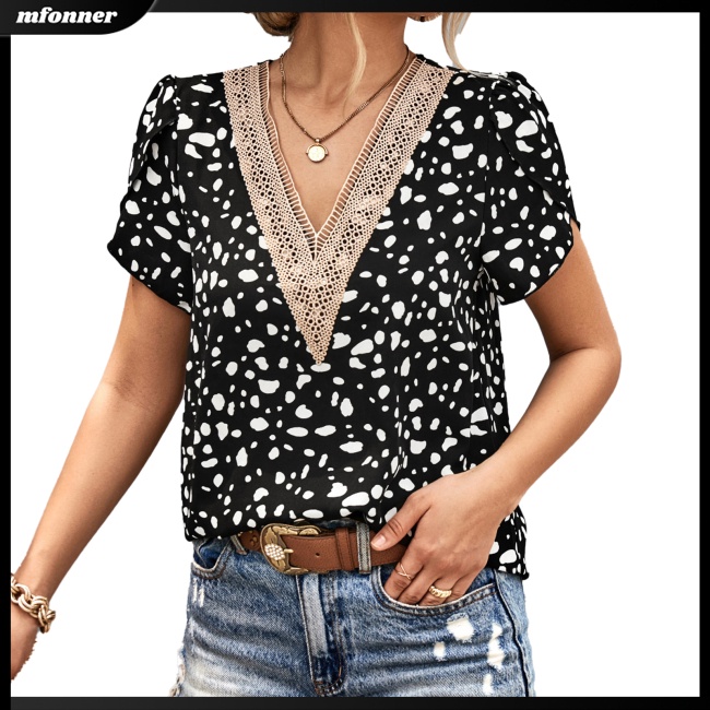 Áo Nữ Ngắn Tay Cổ Chữ V Họa Tiết Chấm Bi Thời Trang