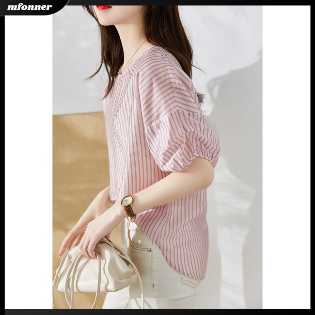 Áo Thun Tay Ngắn Cổ Tròn Họa Tiết Kẻ Sọc Ngang Thời Trang Mùa Hè Cho Nữ