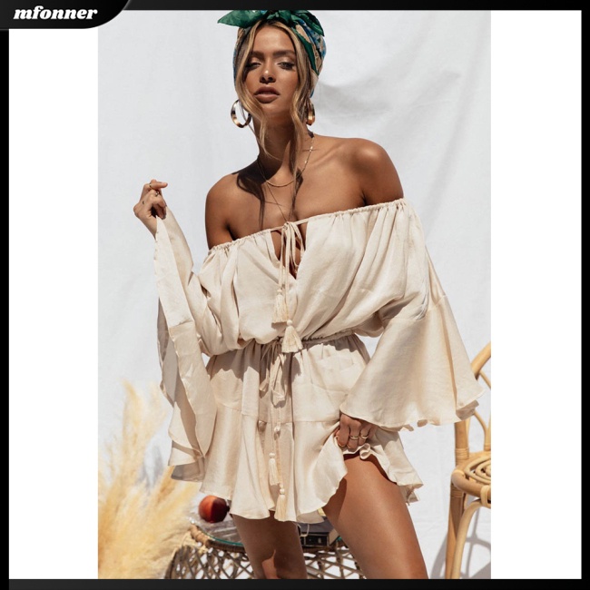 Bộ Áo Liền Quần Trễ Vai Eo Cao Tay Loe Phối Dây Rút Thời Trang Mùa Hè Cho Nữ