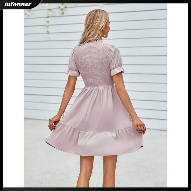 Đầm Tay Ngắn Cổ Đứng Dáng Chữ A Màu Trơn Thiết Kế Đơn Giản Thanh Lịch Cho Nữ