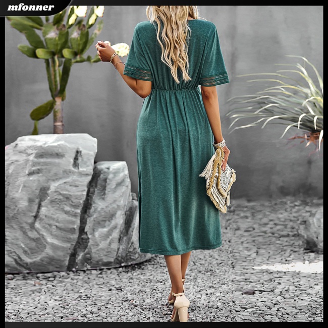 Đầm Midi Tay Ngắn Cổ Chữ V Màu Sắc Thanh Lịch Dành Cho Nữ