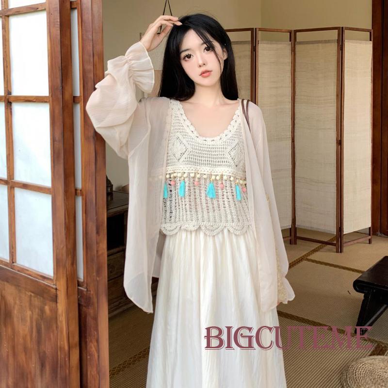 Áo Dệt Kim Sát Nách Cổ Chữ V Phối Tua Rua Thời Trang Đi Biển Mùa Hè Cho Nữ