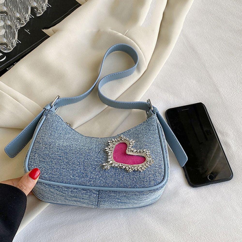 Túi Đeo Chéo Vai Bằng Vải Denim Lấp Lánh Phối Khóa Kéo Thời Trang