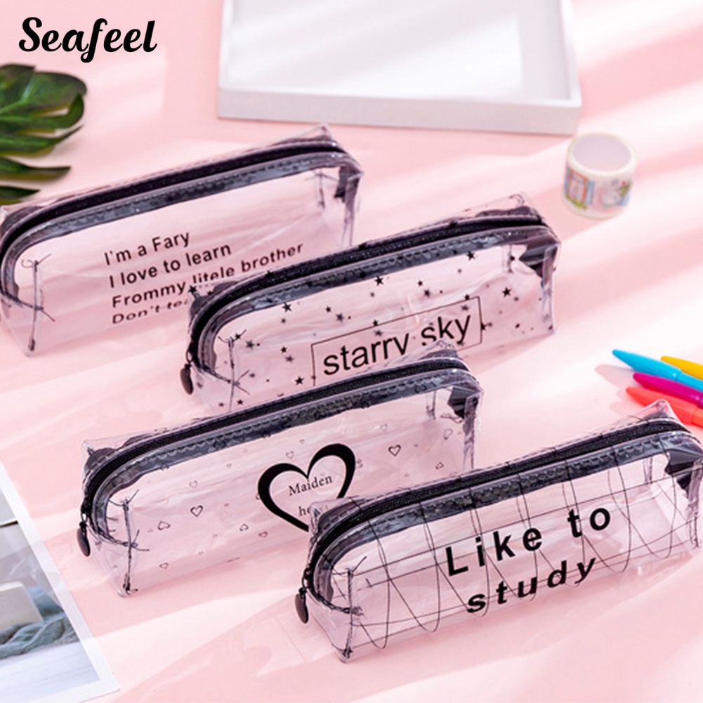 Túi Đựng Bút Trong Suốt In Chữ / Biển Dễ Thương Có Khóa Kéo Tiện Dụng