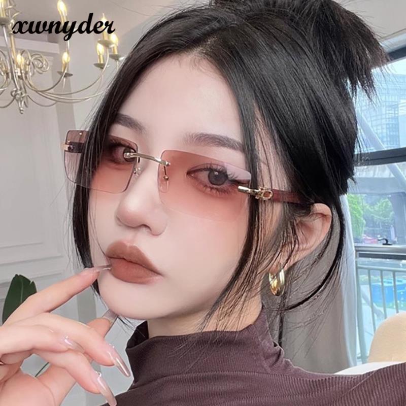 Y2k Retro Square Frameless Sunglasses Ladies Punk Style Grain Legs Travel Literary Style Vegan Sun Protection
