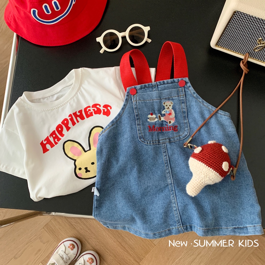 Đầm Denim Thêu Họa Tiết Gấu Hoạt Hình Phong Cách Hàn Quốc Dễ Thương Thời Trang Mùa Hè Cho Bé Gái 0-6 Tuổi Bq020