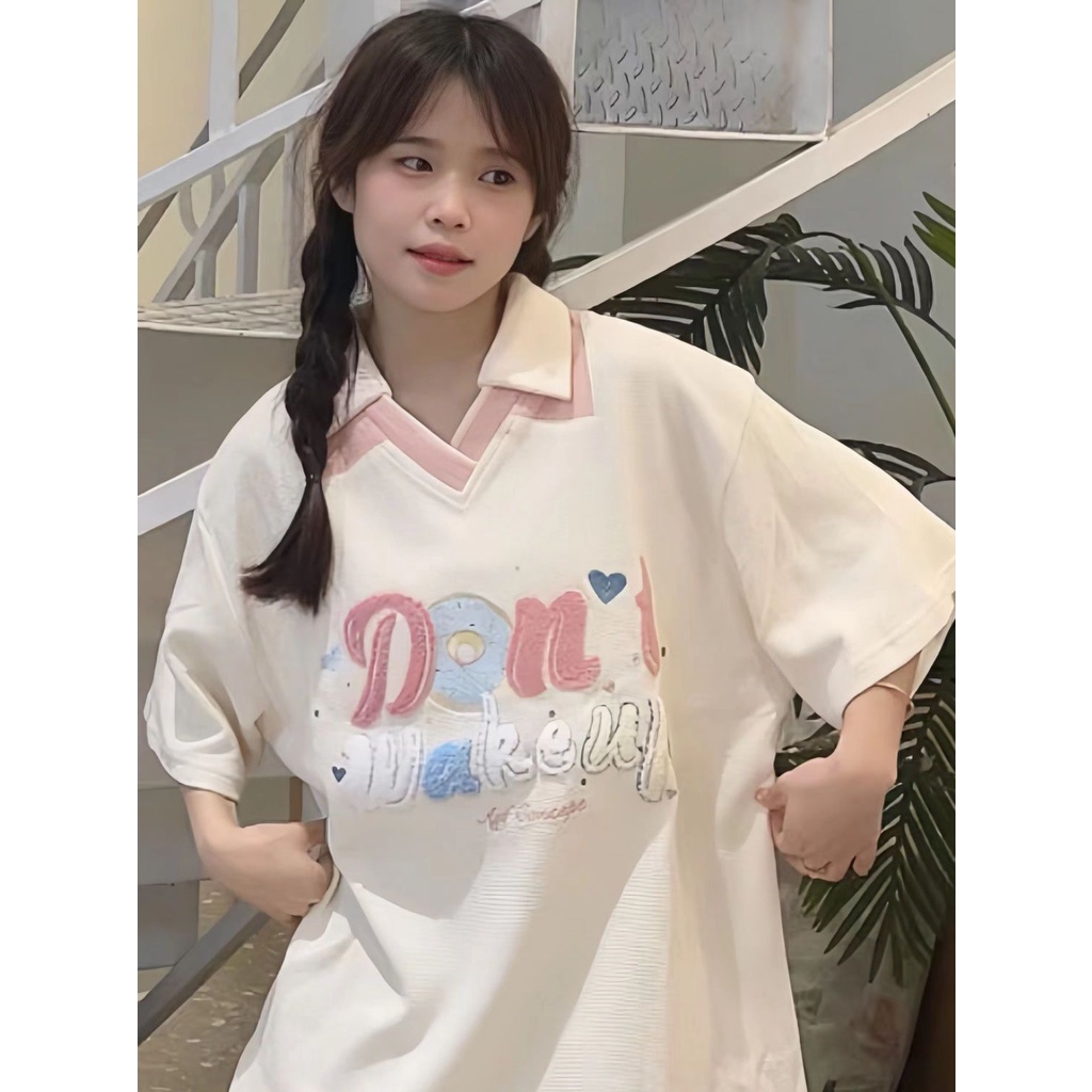 Áo polo Ngắn Tay Dáng Rộng Thêu Họa Tiết Thời Trang Mùa Hè Cho Nữ