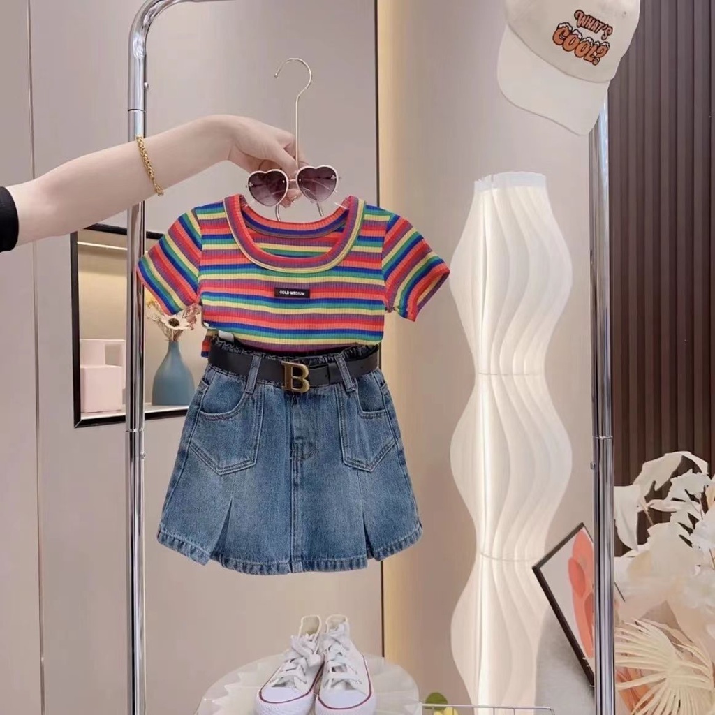 Set Áo Thun Ngắn Tay Kẻ Sọc Ngang + Chân Váy Denim Thời Trang Hè Cho Bé Gái
