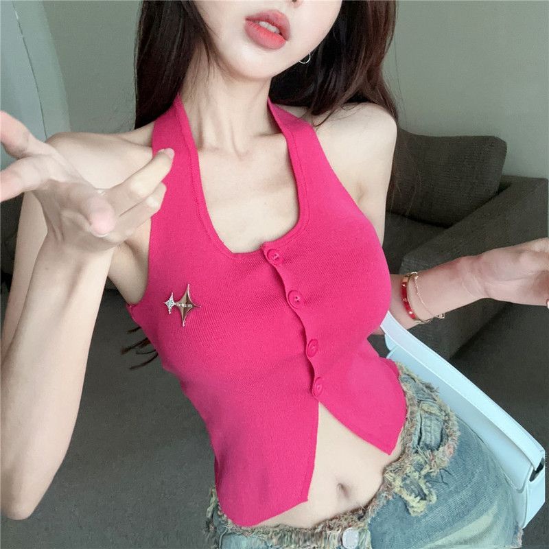 Sodazzz Áo Ống Ôm Sát Cổ Yếm Hở Lưng Màu Đỏ Hồng Ngọt Ngào Thời Trang Mùa Hè Dành Cho Bạn Nữ Mặc Ngoài