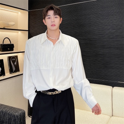 Ins Influencer Blogger Niche Áo Sơ Mi Trắng Xếp Ly Phối Sọc Phiên Bản Hàn Quốc Cho Nam