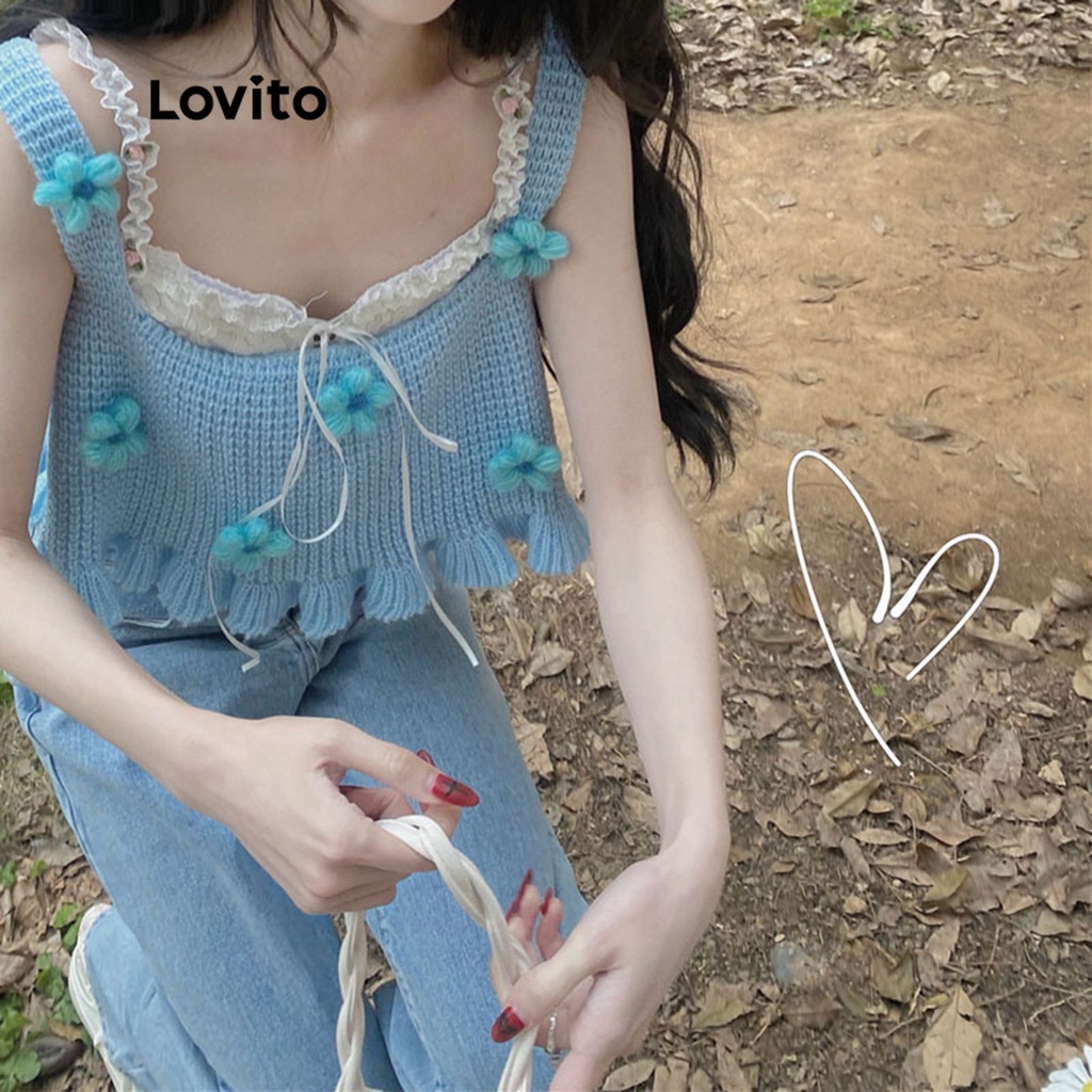 Lovito Áo đan dây không tay có hoa xếp nếp trơn dễ thương cho nữ LNE15087 (Màu xanh da trời)