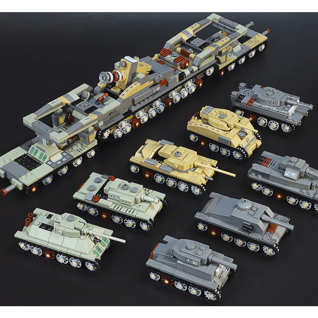 Set 1475 Mô Hình Xe Tăng MOC WW2 8 Trong 1 Karl Cannon T34 T38 Stug Tiger M4 Sherman M26 KV1 Mới