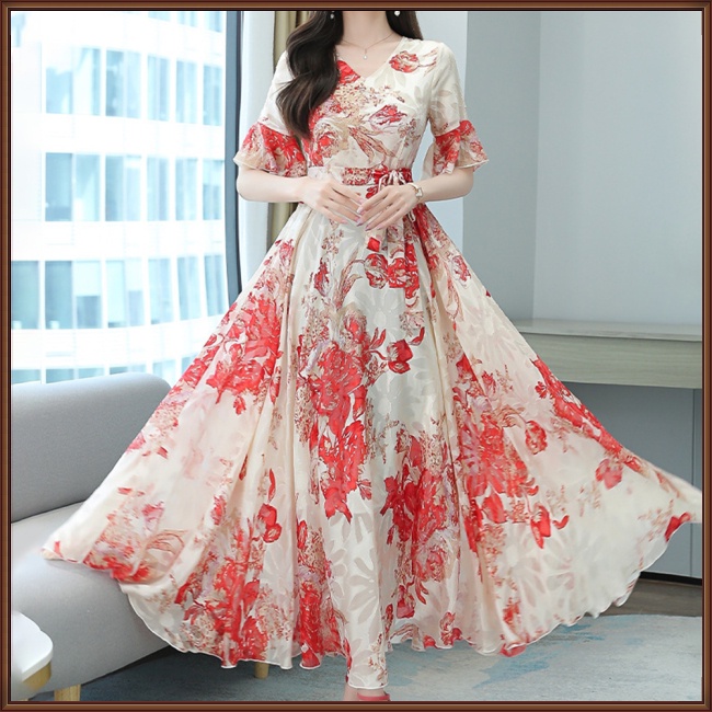 Đầm Xòe Cổ Chữ V Tay Ngắn In Họa Tiết Hoa Phong Cách Bohemian Thời Trang Cho Nữ