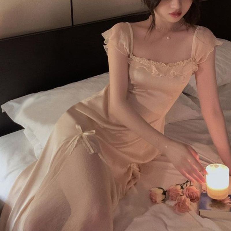 Đầm Ngủ Dáng Dài Tay Ngắn Có Đệm Ngực Phối Ren Và Nơ Phong Cách Mùa Hè Dành Cho Nữ