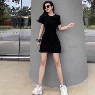 CÓ BIGSIZE - ĐẦM XÒE TRƠN ĐEN DÁNG CHỮ A TAY NGẮN CHẤT THUN COTTON MÁT MỊN KÈM ẢNH THẬT