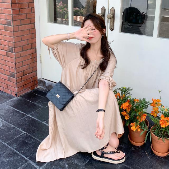 Đầm Vải Lanh Tay Phồng Dáng Rộng Buộc Dây Màu Trà Sữa Phong Cách Pháp Thời Trang Xuân Thu 2023 Mới Dành Cho Bạn Nữ