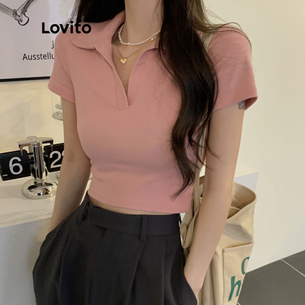 Áo thun LOVITO tay ngắn cổ cơ bản polo màu trơn thường ngày cho nữ LNE10186