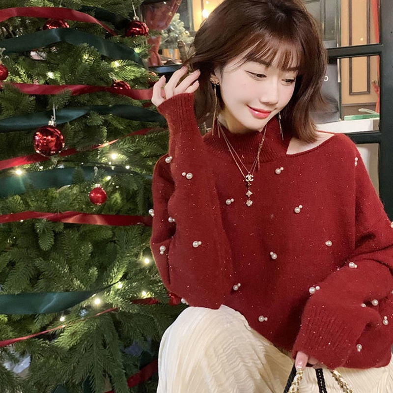Multiplication half turtleneck sweater women 2023 phong cách mới bầu không khí giáng sinh năm mới áo len đỏ kiểu pháp phong cách phương tây quây hàng đầu q