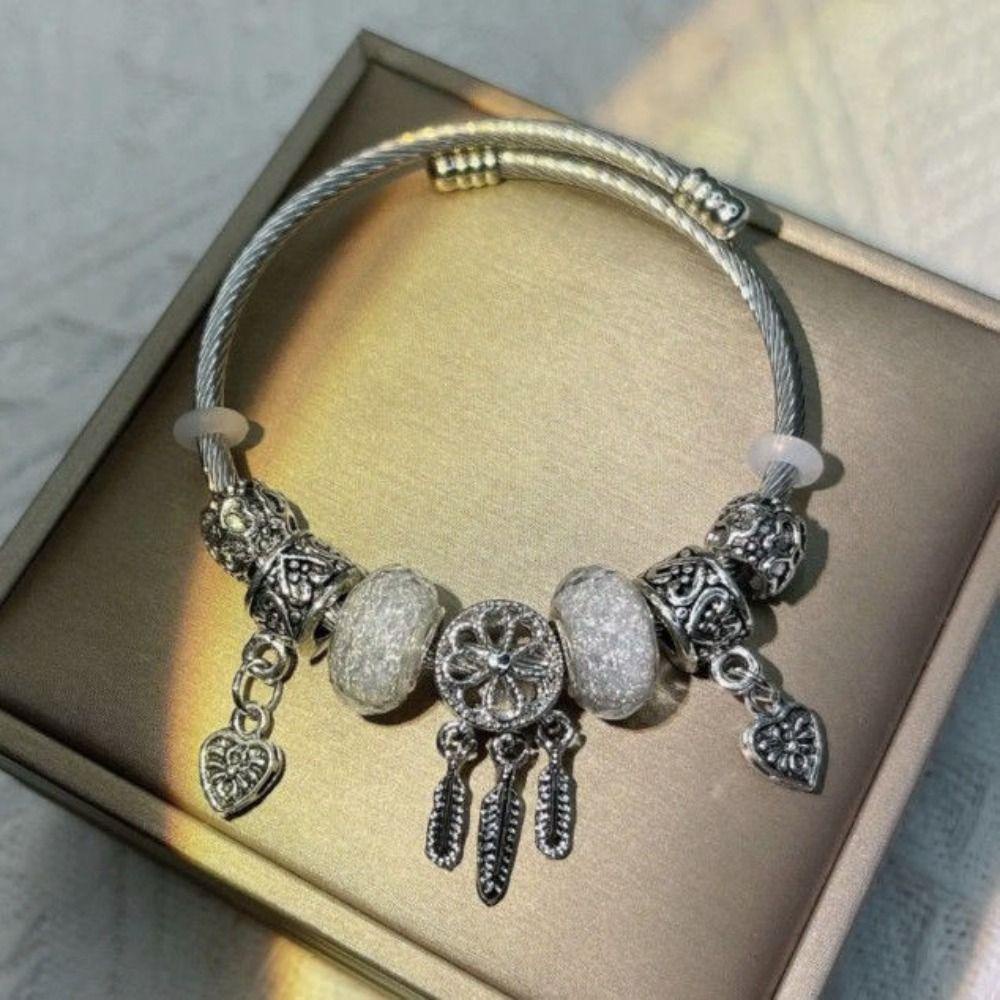 HEALMEYOU Vòng Đeo Tay Hình Dreamcatcher Bằng Hợp Kim Phối Lông Vũ Tua Rua Mở Thanh Lịch Làm Quà Sinh Nhật