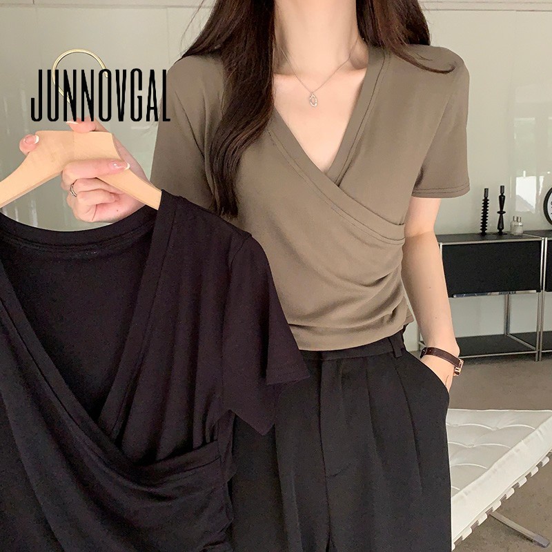 Áo thun JUNNOVGAL đắp chéo tà thời trang gợi cảm đa năng 2023 cho nữ