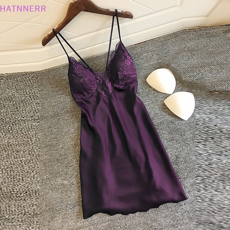 Đầm Ngủ Hai Dây Phối Ren Có Đệm Ngực Gợi Cảm Cho Nữ Váy Ngủ Hai Dây Lụa Satin FHS