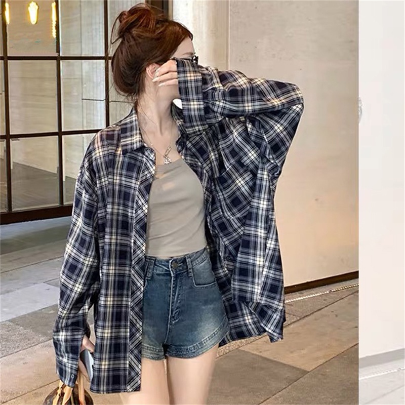 Áo Khoác Sơ Mi Caro Tay Dài Dáng Rộng Trẻ Trung Phong Cách Hàn Quốc Cho Bạn Gái