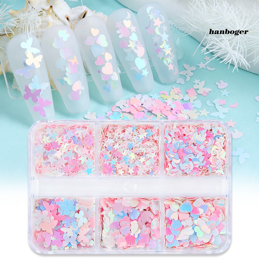 Hộp Phụ Kiện 6 Ngăn Đựng Hạt Sequin Hình Ngôi Sao / Thỏ / Mặt Trăng / Trái Tim Trang Trí Móng Tay / Cơ Thể 3D Làm Quà Tặng Valentine